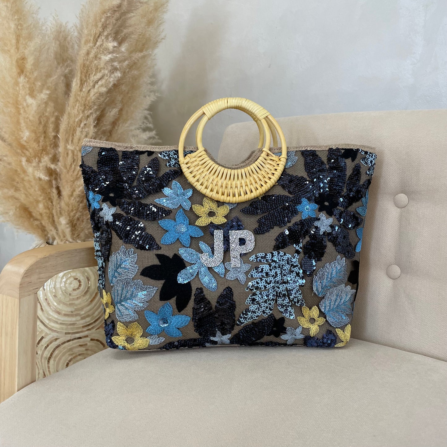 Personalised Sequin Straw Patch Tote Bag