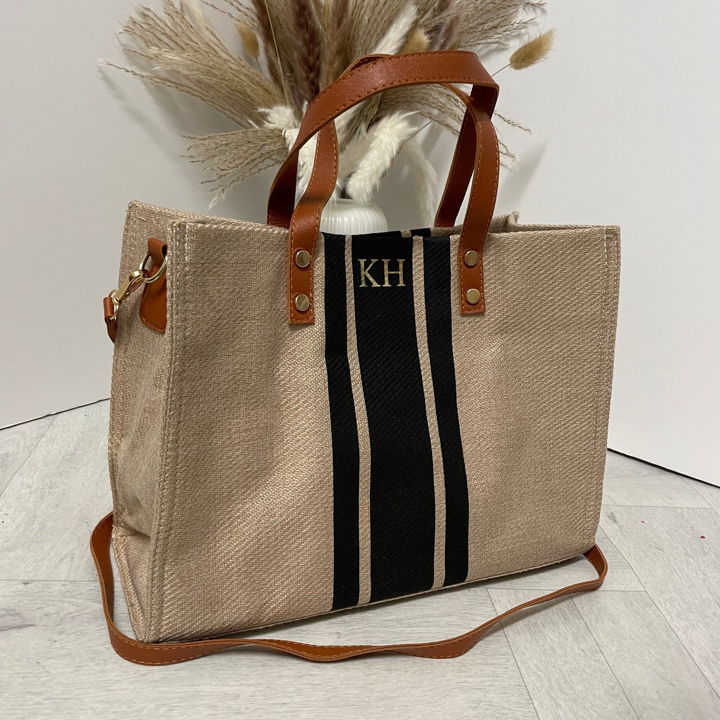 Personalised TEE Stripe Jute Tote Cross Body Bag