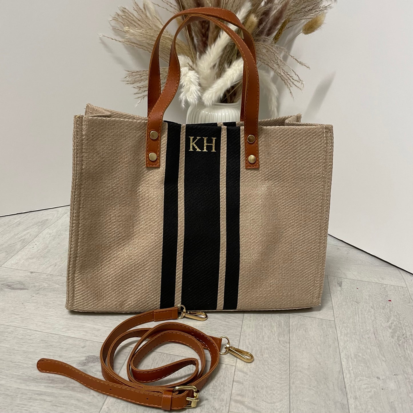 Personalised TEE Stripe Jute Tote Cross Body Bag