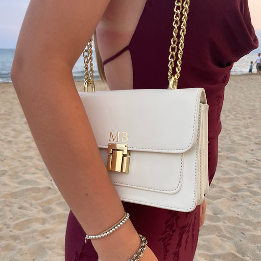 Personalised Embossed White Faux Leather Chain Shoulder Cross Body Bag