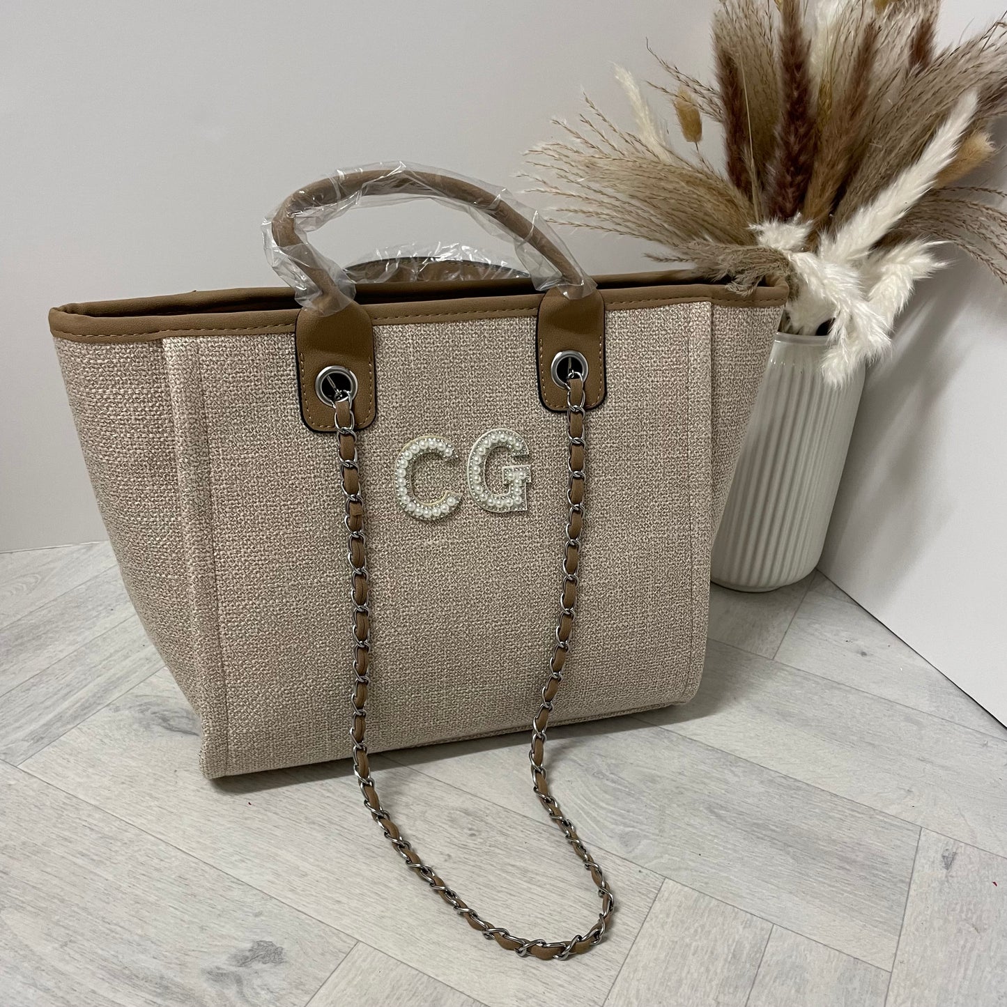 Personalised White Pearl Patch Chain Large Initial Tote Bags