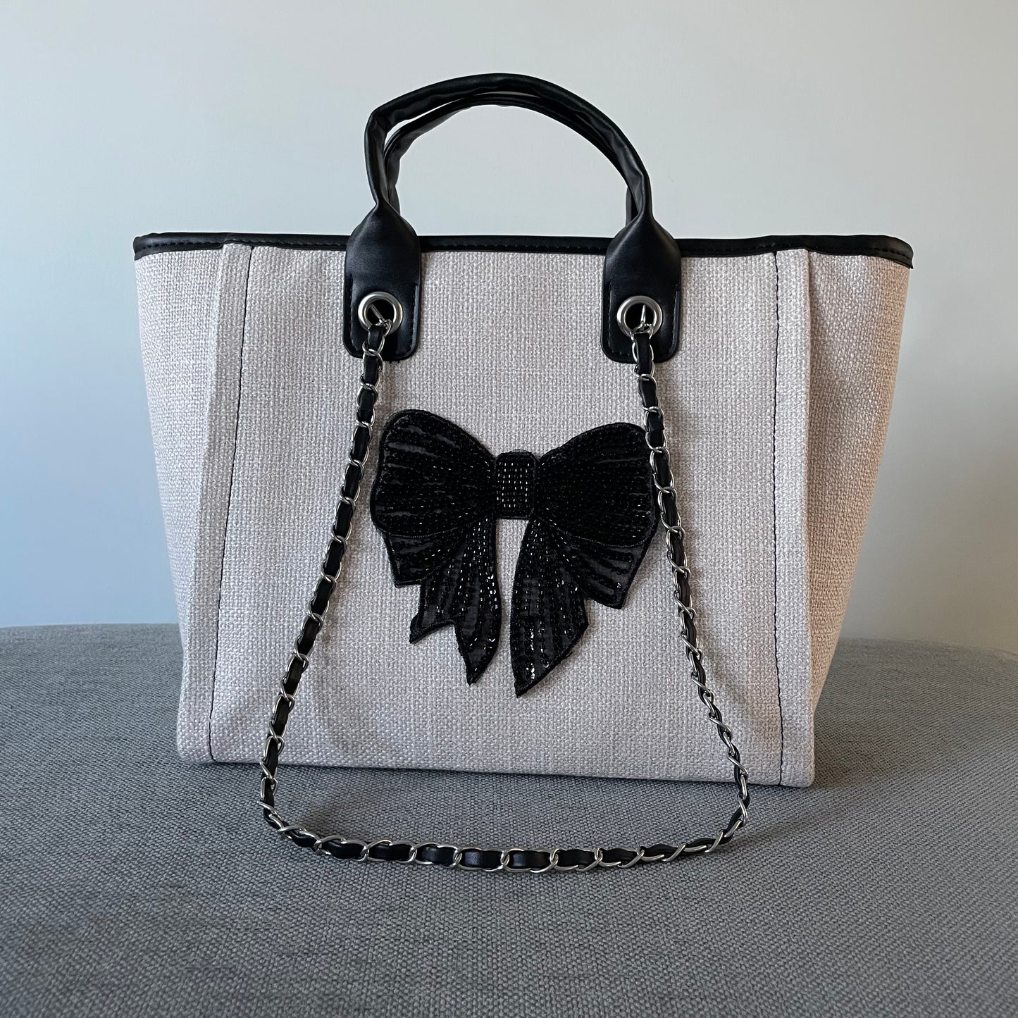 Bow Large Chain Initial Tote Bags