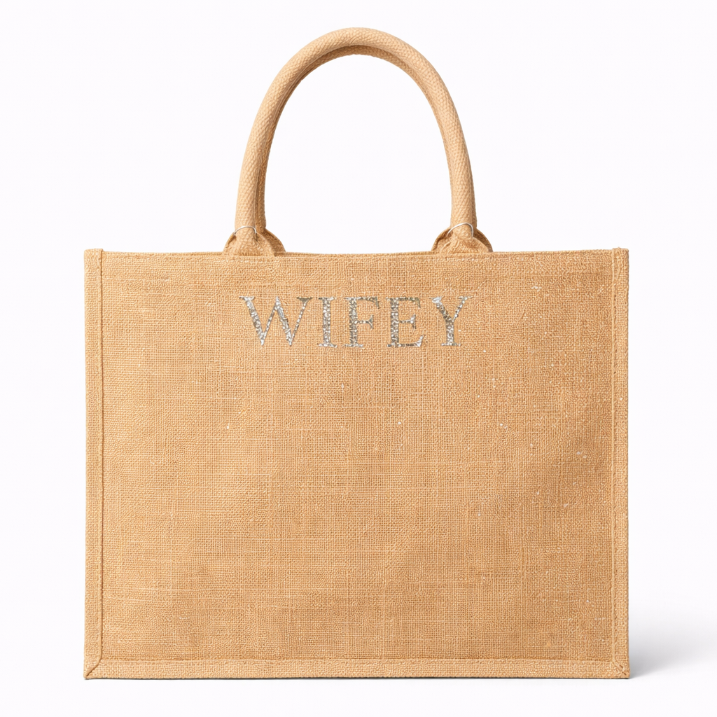 WIFEY Square Gold Reflective Jute Shoulder Beach Shopper Tote Bag