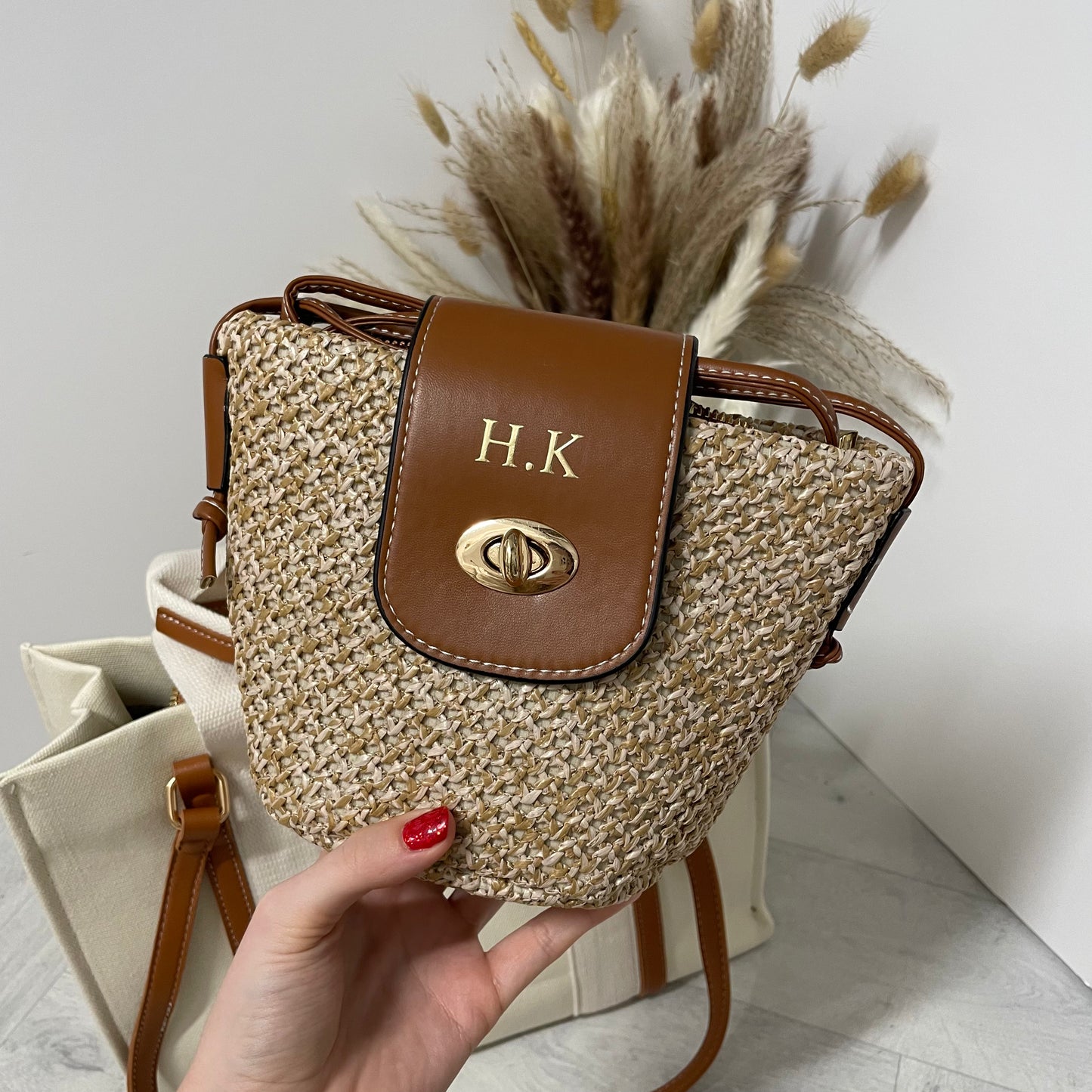 Personalised ZOE Straw Brown Flap Twist Lock Cross Body Bag