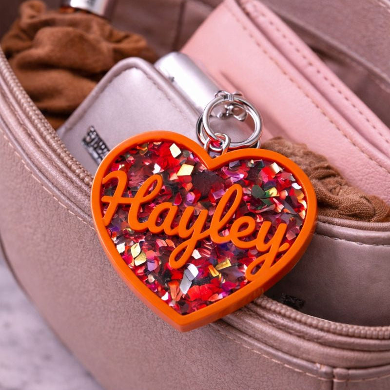 Personalised Heart Acrylic Glitter key chains key rings bag charm