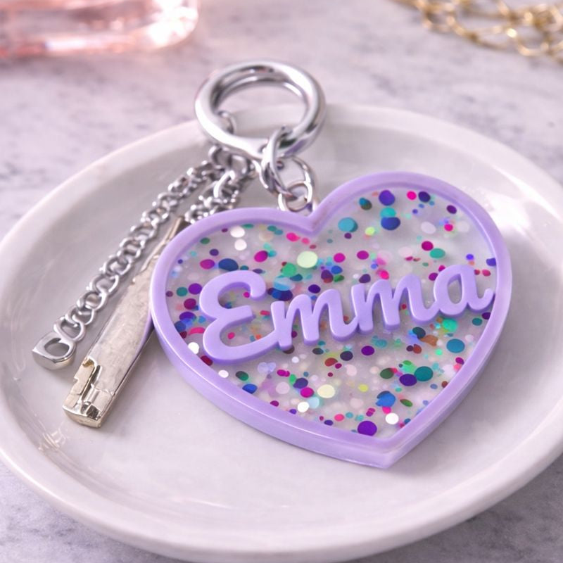 Personalised Heart Acrylic Glitter key chains key rings bag charm