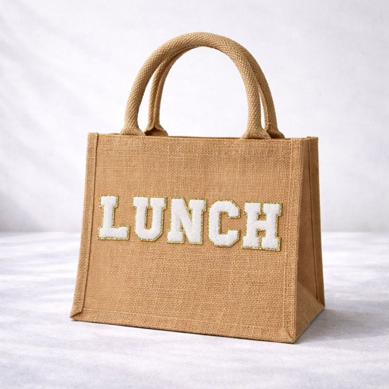 Personalised Patch 5 Letters Square Jute Lunch Bridesmaid Top Handle Gift Bag