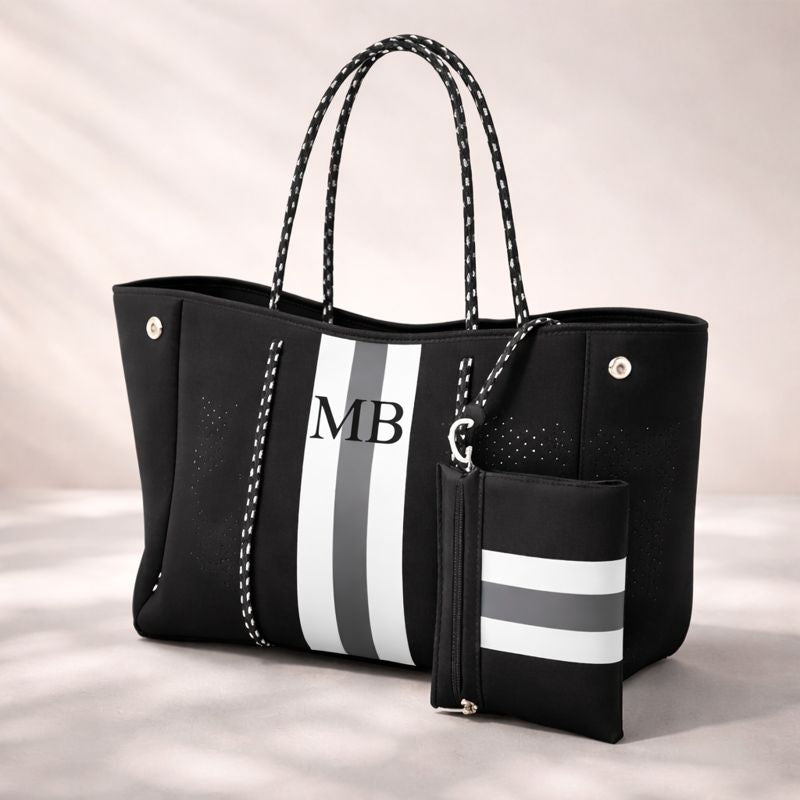 Personalised Neoprene Black Stripe Tote Bag & Pouch
