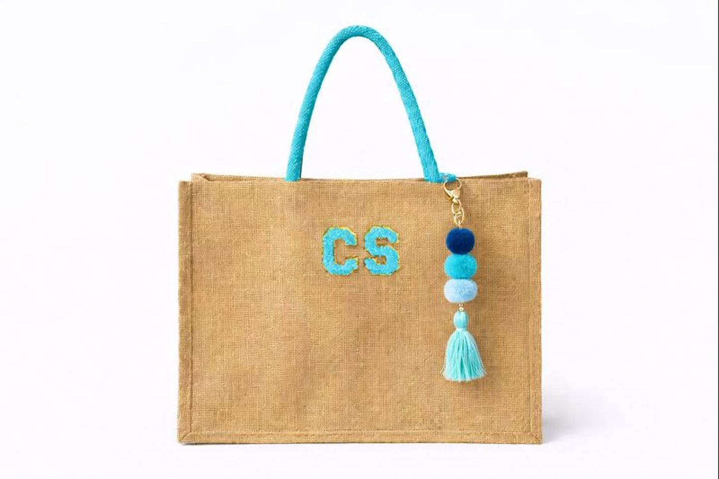 Personalised Square Jute Pom Pom Shoulder Beach Shopper Tote Bag