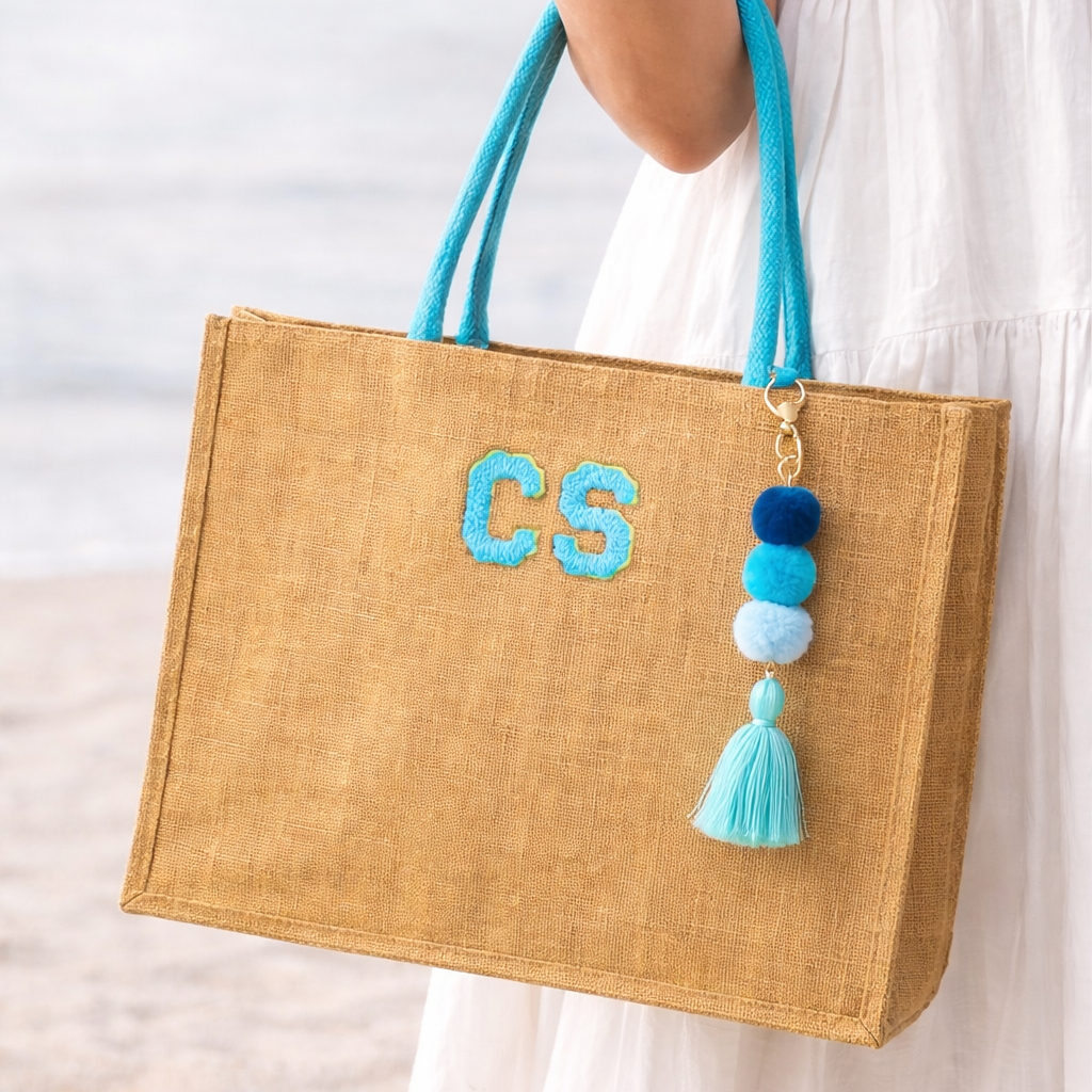 Personalised Square Jute Pom Pom Shoulder Beach Shopper Tote Bag