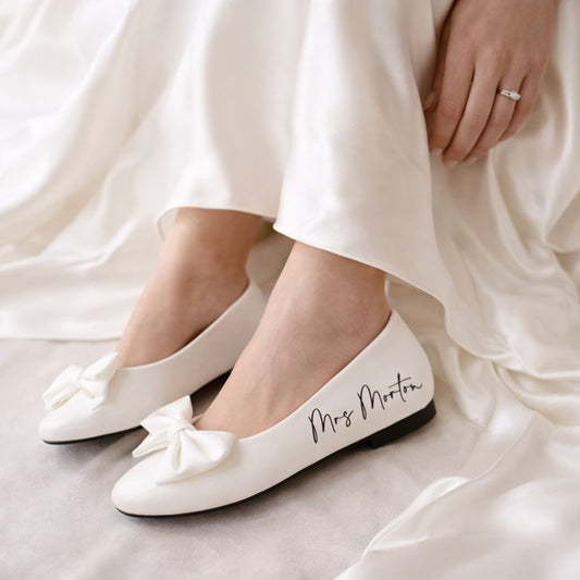 Personalised Bridal Prom White Bow Pump Slip On Flats