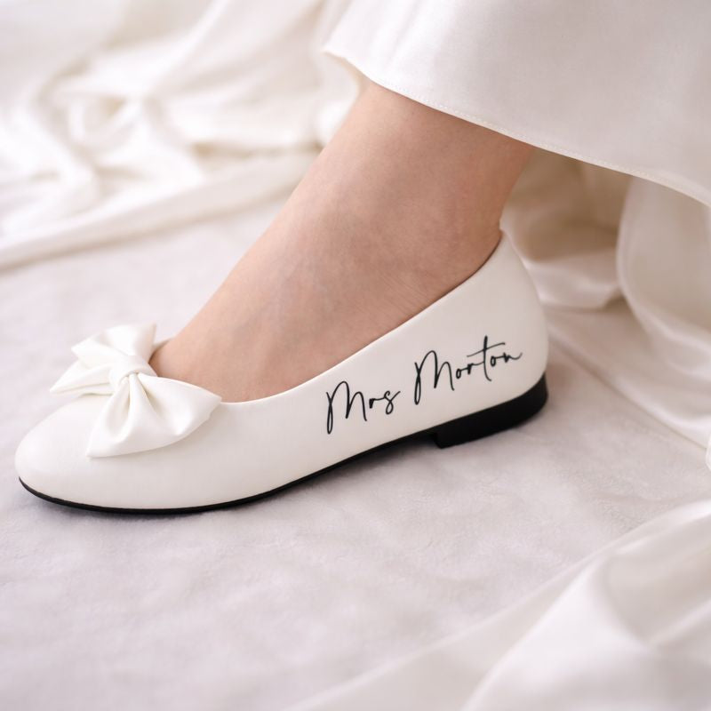 Personalised Bridal Prom White Bow Pump Slip On Flats