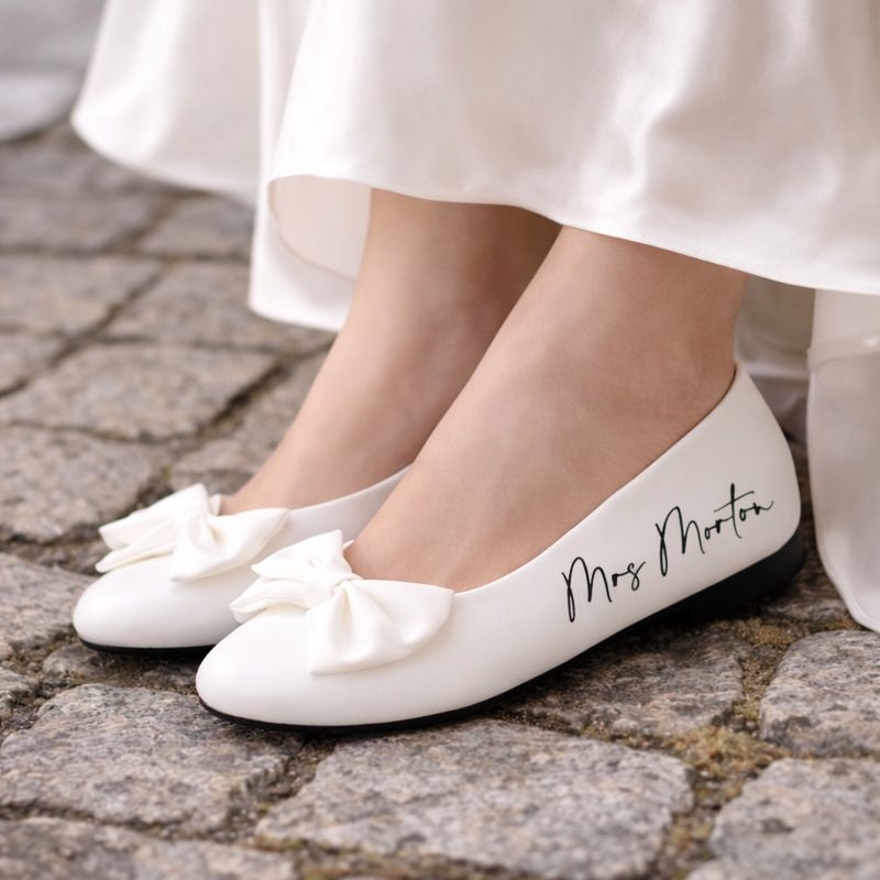Personalised Bridal Prom White Bow Pump Slip On Flats