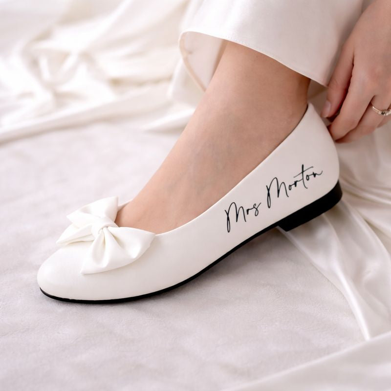 Personalised Bridal Prom White Bow Pump Slip On Flats