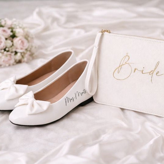 Personalised Bridal Prom White Bow Pump Slip On Flats