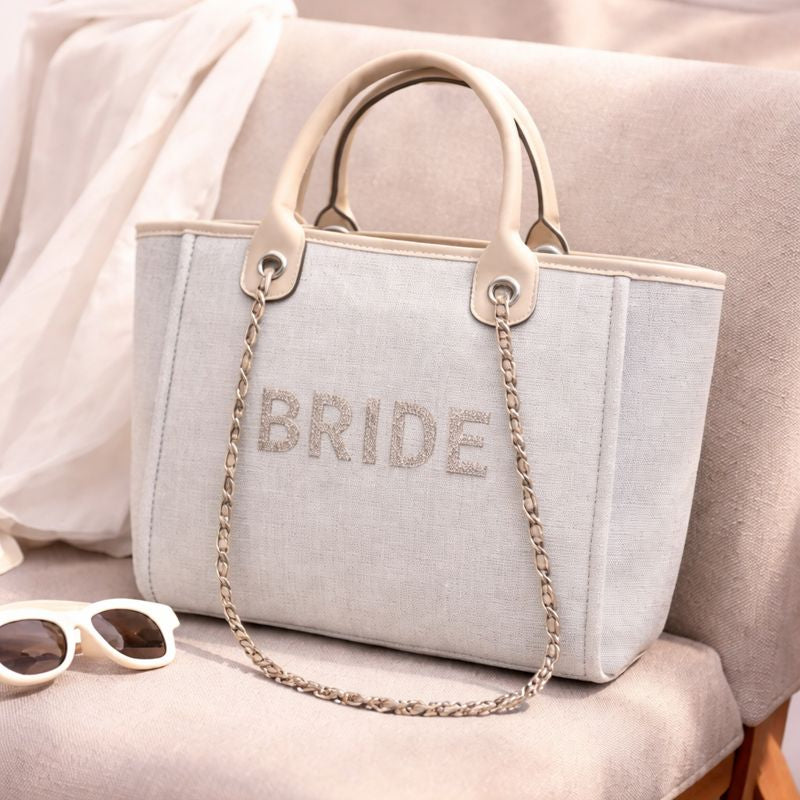 Block Letters Bride Stone Large Chain Initial Tote Bags