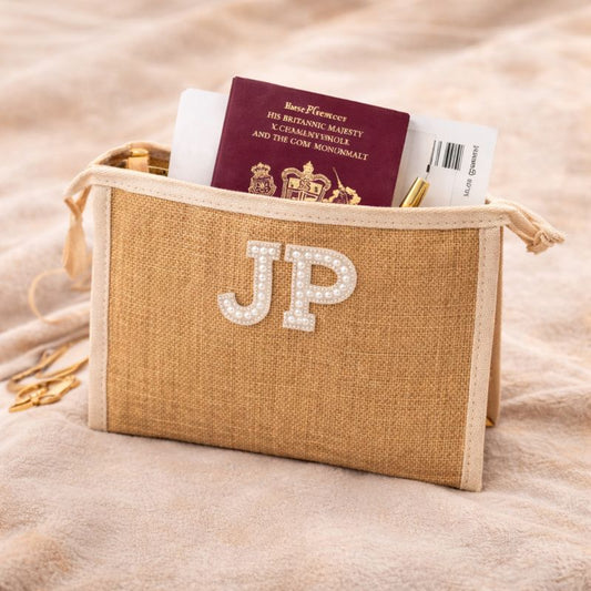 Personalised Patch Canvas Jute Clutch Pouch Makeup Bag
