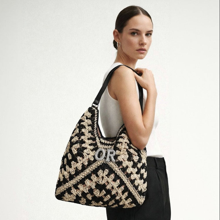 Personalised Cream & Black Crotchet Shoulder Tote Bag