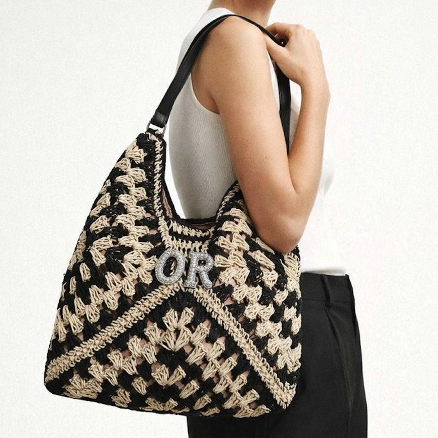 Personalised Cream & Black Crotchet Shoulder Tote Bag
