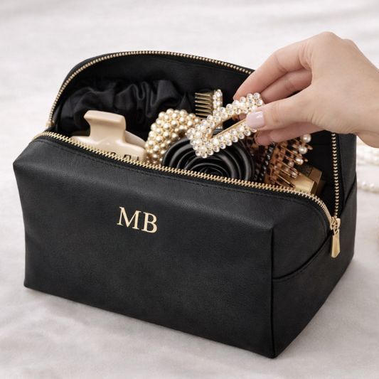 Personalised Saffiano Leather Makeup Zip Around Cube Bag