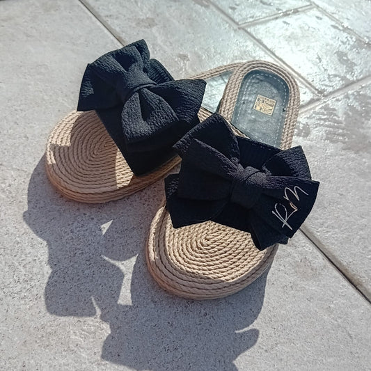 Personalised Black Bow Summer Sliders Sandals
