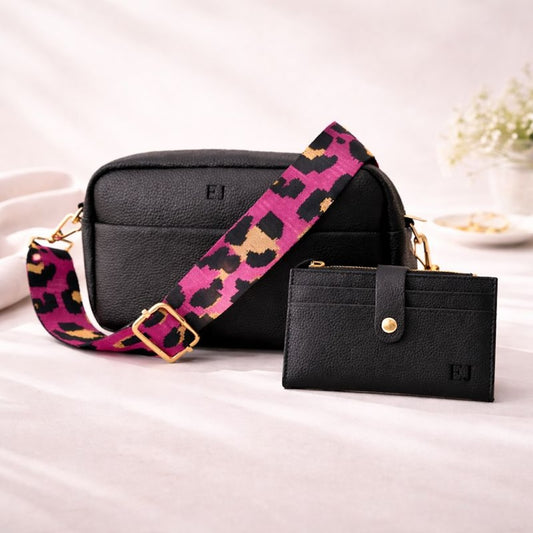 Personalised ELLIE Embossed Faux Leather Leopard Print Cross Body Bag & Purse Set