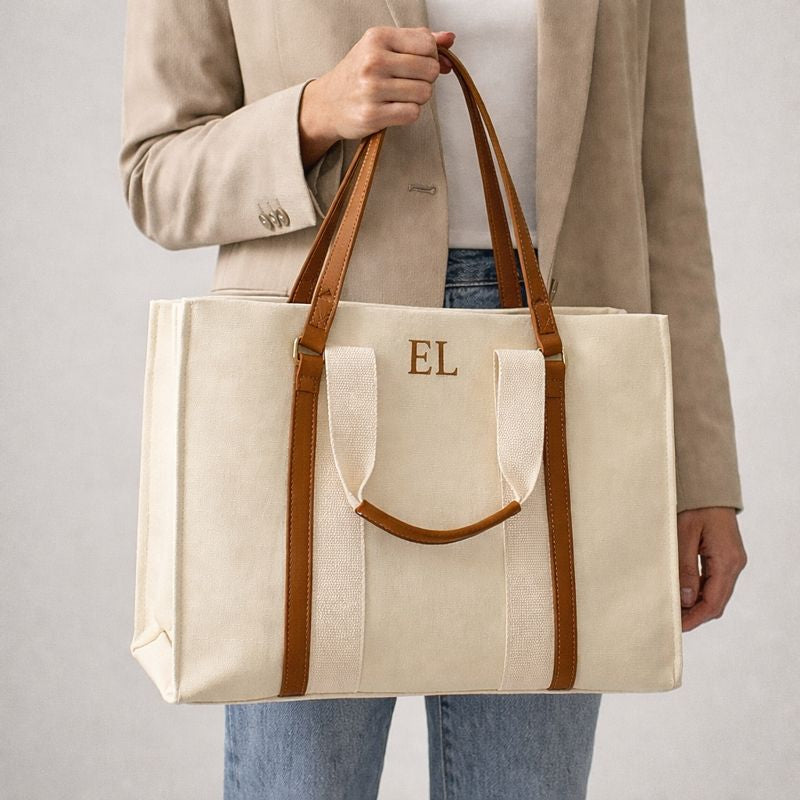 Personalised EVELYN Canvas 2 Strap Tote Double Strap Shoulder Bag
