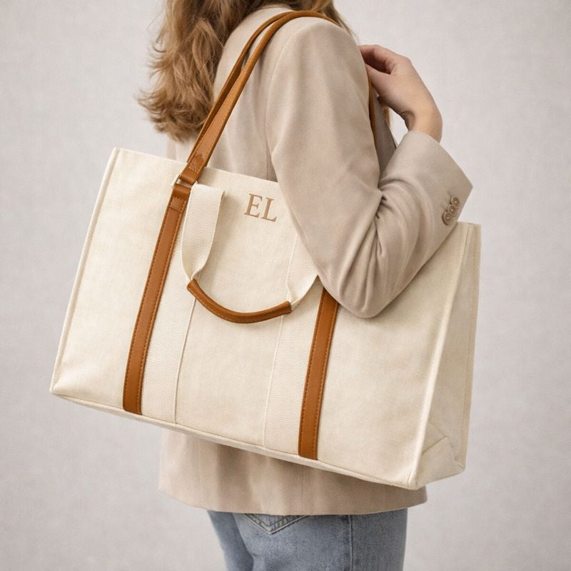 Personalised EVELYN Canvas 2 Strap Tote Double Strap Shoulder Bag