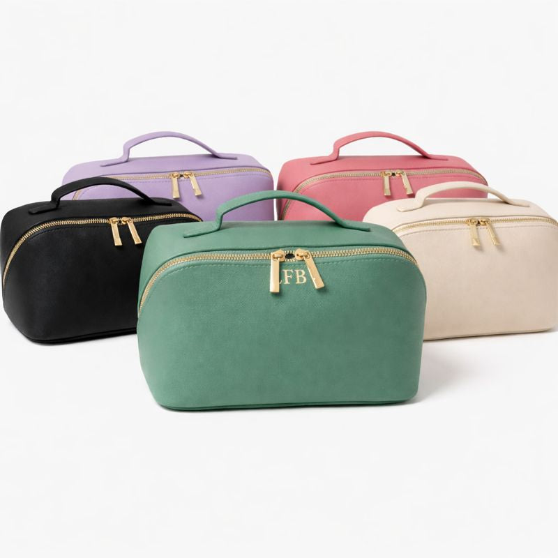 Personalised Saffiano Leather Zip Around Flat Lay Makeup Case
