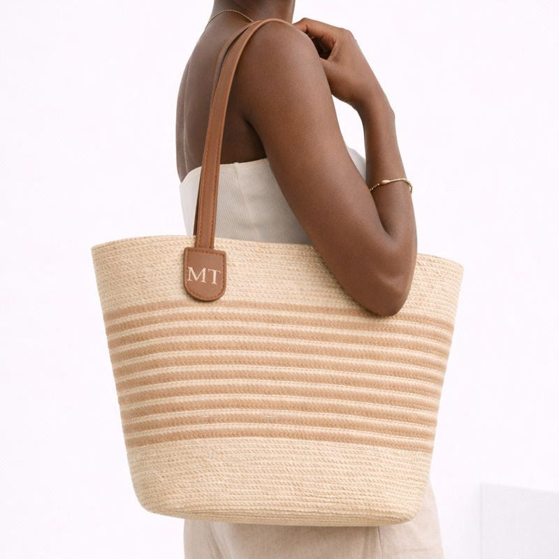 Personalised FLORENCE Beige Stripe Medium Straw Tote Bag