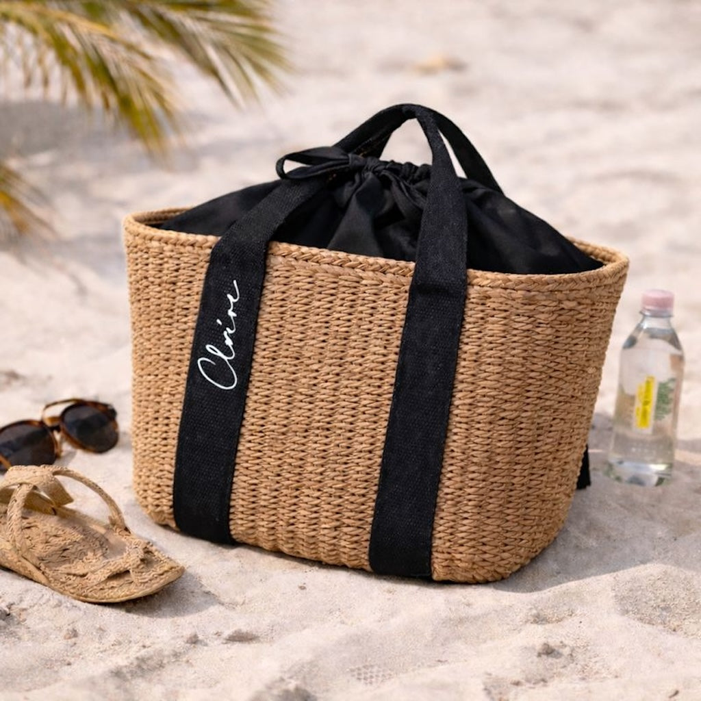 Personalised GRACE Straw Wicker Black Ribbon Drawstring Beach Bag