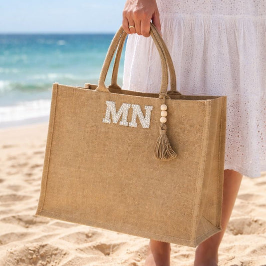 Personalised Square Jute Tassel Shoulder Beach Shopper Tote Bag
