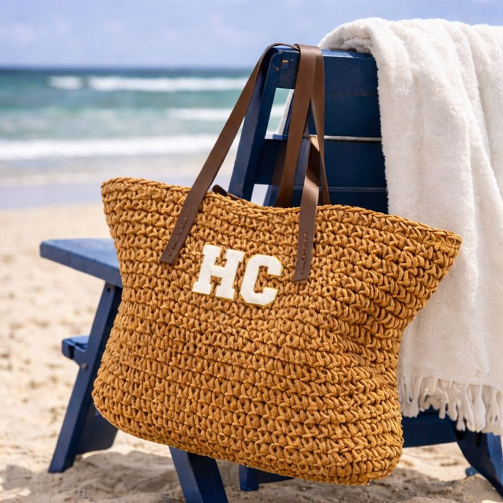 Personalised ASTRID Patch Straw Tote Beach Shoulder Bag