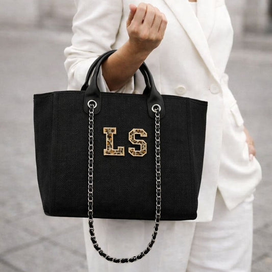 Personalised Leopard Print Patch Chain Large Initial Tote Bags