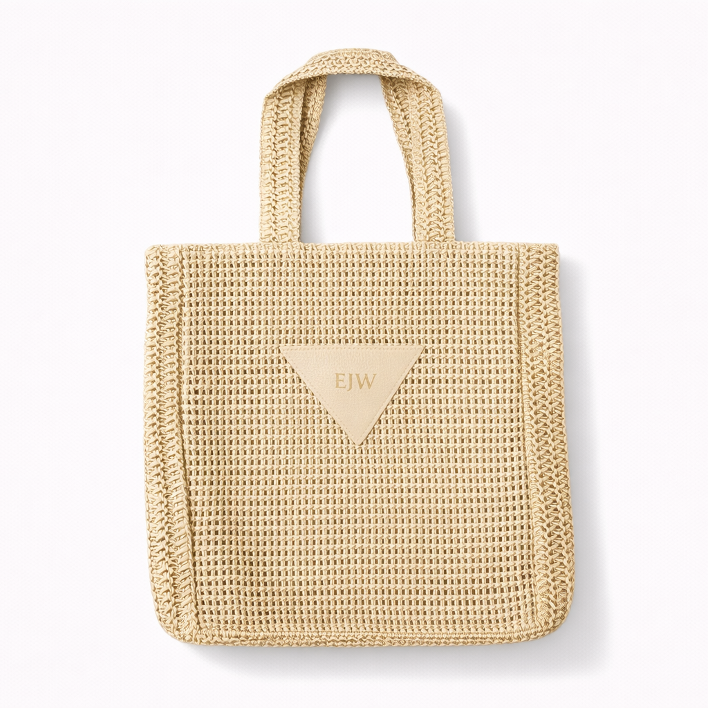 Personalised Triangle Straw & Faux Leather Tote Beach Bag