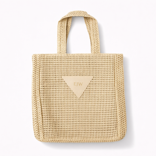 Personalised Triangle Straw & Faux Leather Tote Beach Bag