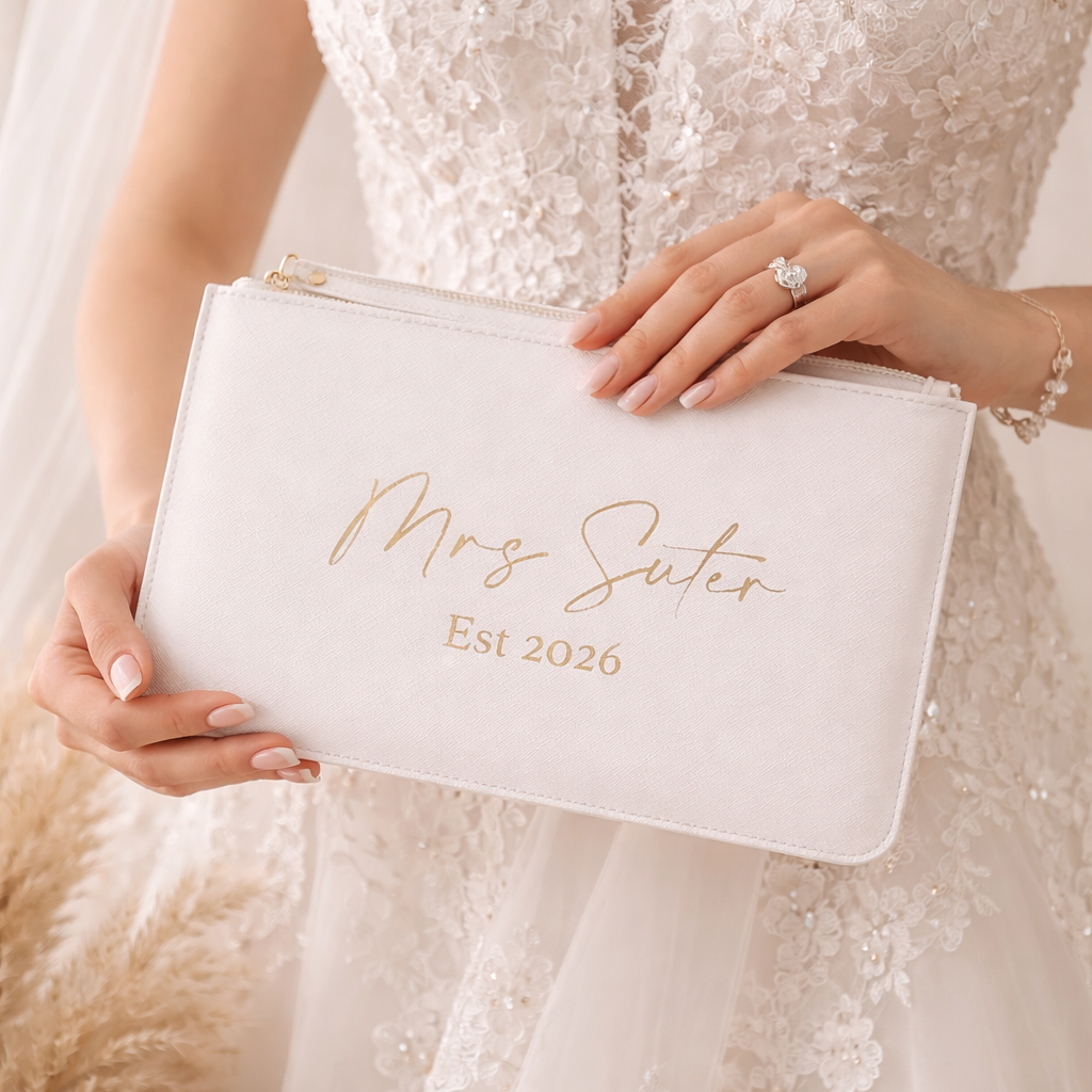 Personalised Mrs To Be Bridal Saffiano Leather Clutch Bag Zip Pouch