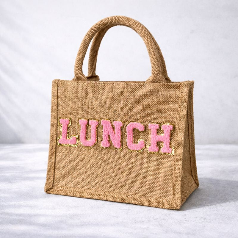Personalised Patch 5 Letters Square Jute Lunch Bridesmaid Top Handle Gift Bag