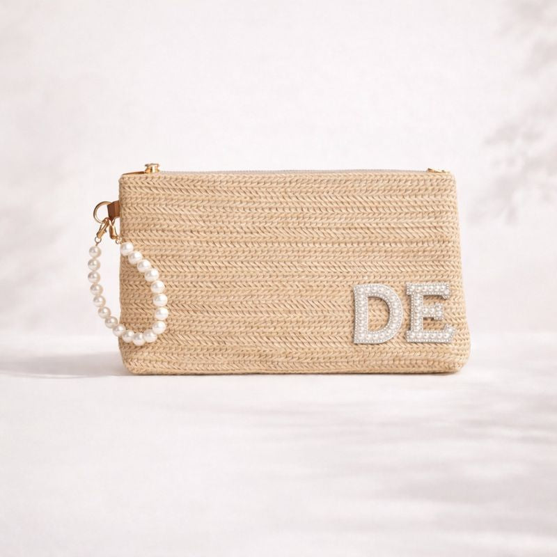 Personalised Pearl Straw Clutch Bag