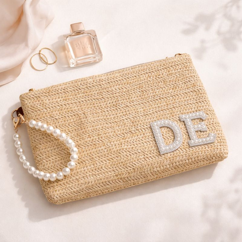 Personalised Pearl Straw Clutch Bag