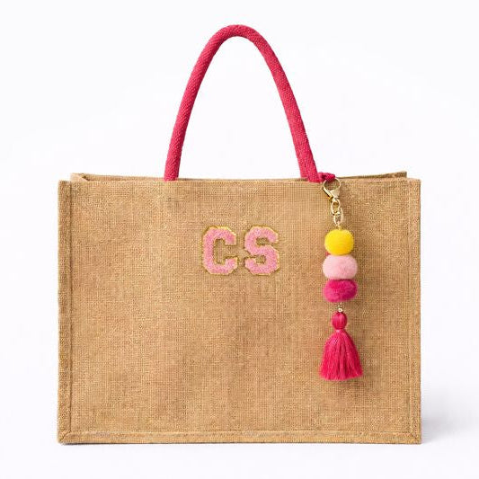 Personalised Square Jute Pom Pom Shoulder Beach Shopper Tote Bag