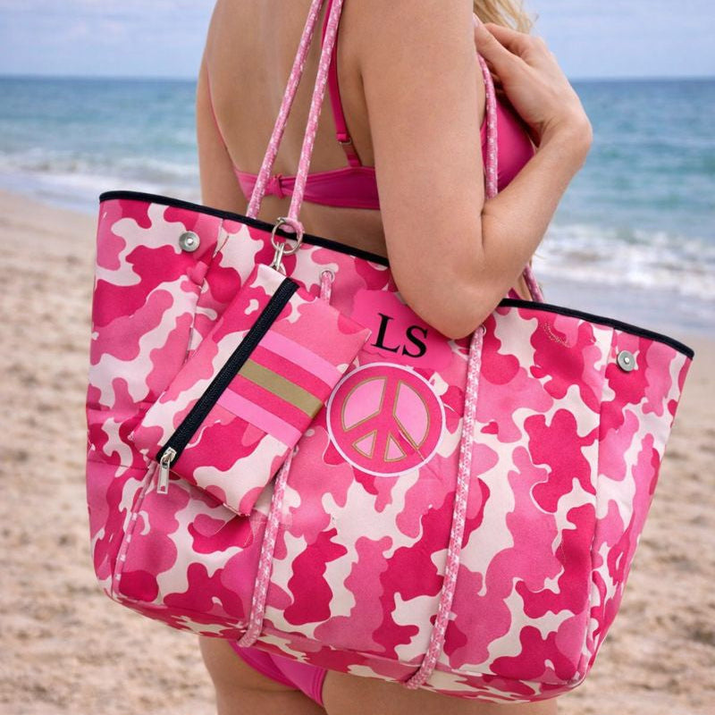 Personalised Pink Peace Camo Neoprene Patch Pink Tote Bag & Pouch