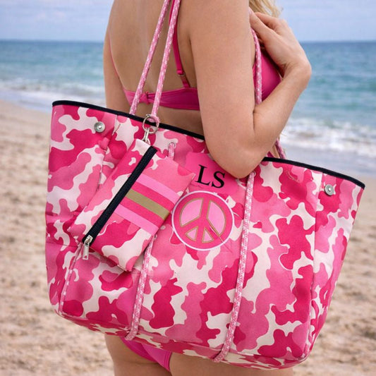 Personalised Pink Peace Camo Neoprene Patch Pink Tote Bag & Pouch