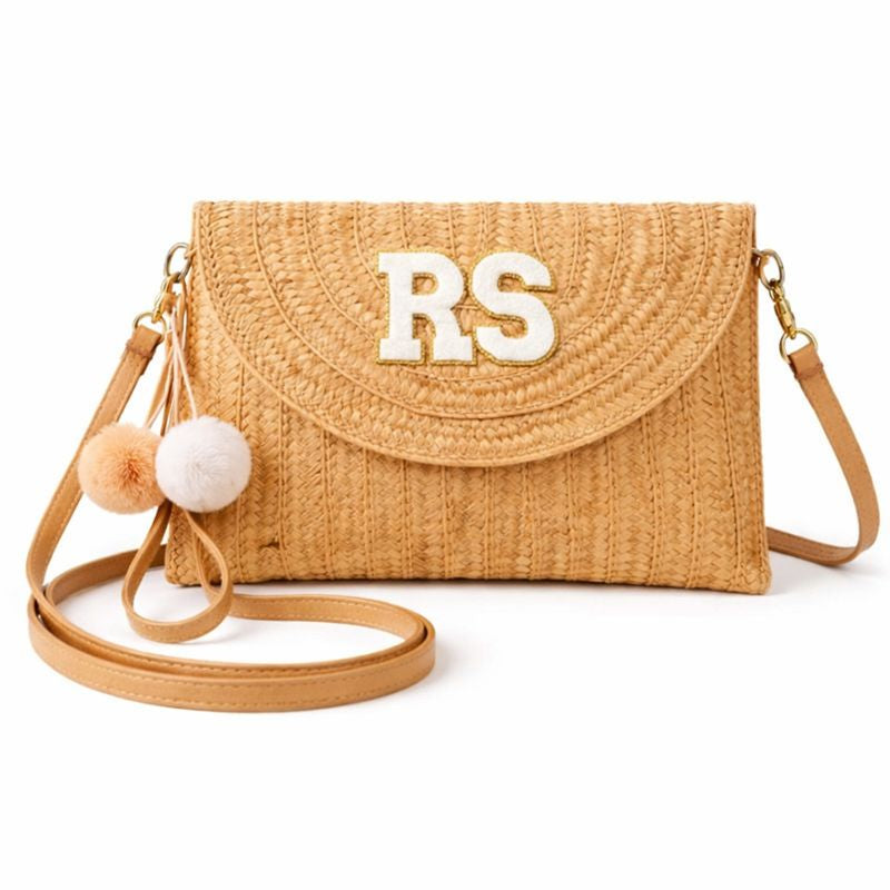 Personalised Straw Gold Pom Pom Bag