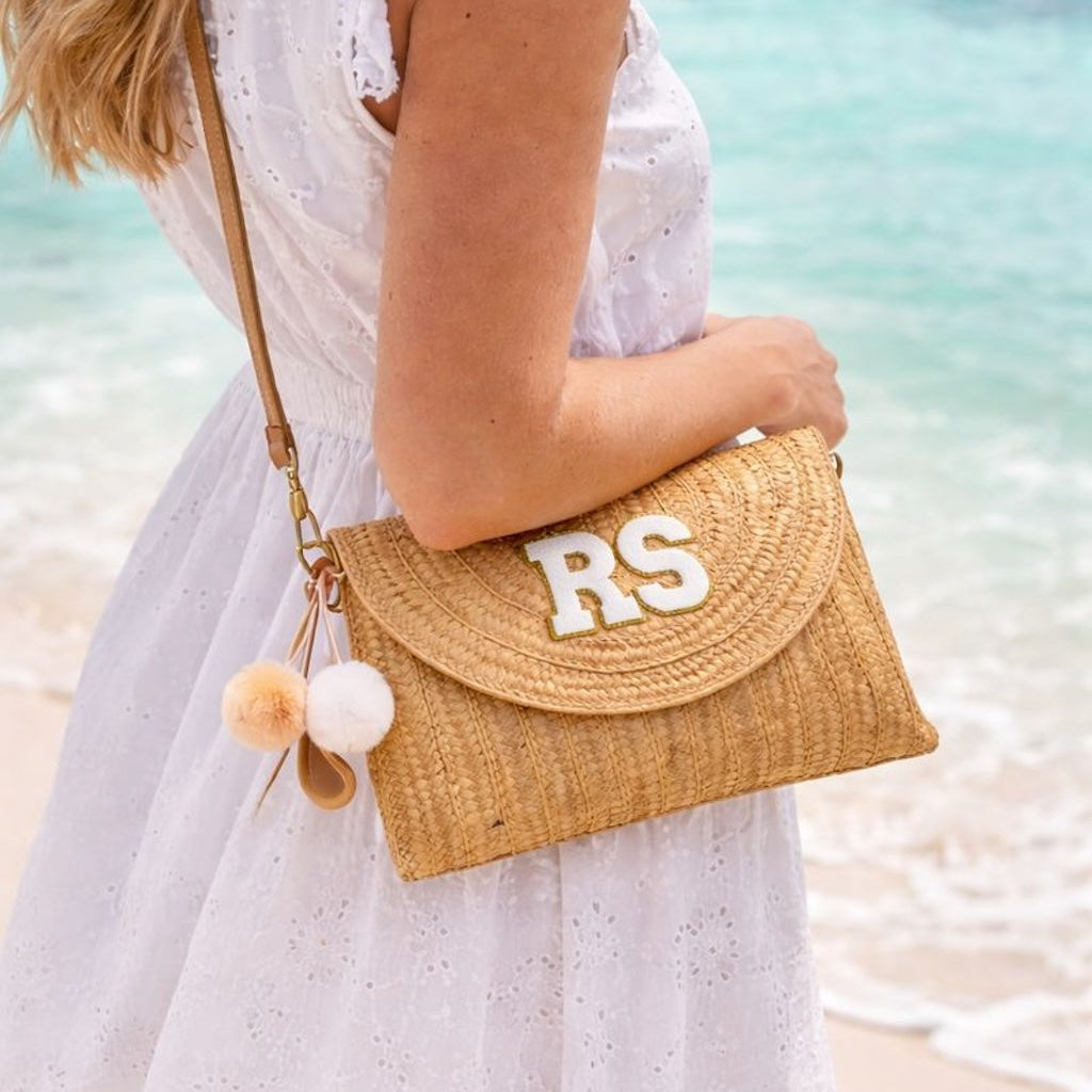 Personalised Straw Gold Pom Pom Bag