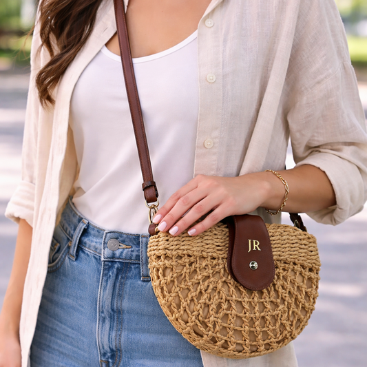 Personalised POPPY Semi Circle Straw Rattan Wicker Tan Brown Cross Body Bag