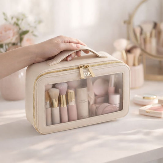 Saffiano Leather Clear Panel Makeup Zip Around Bag