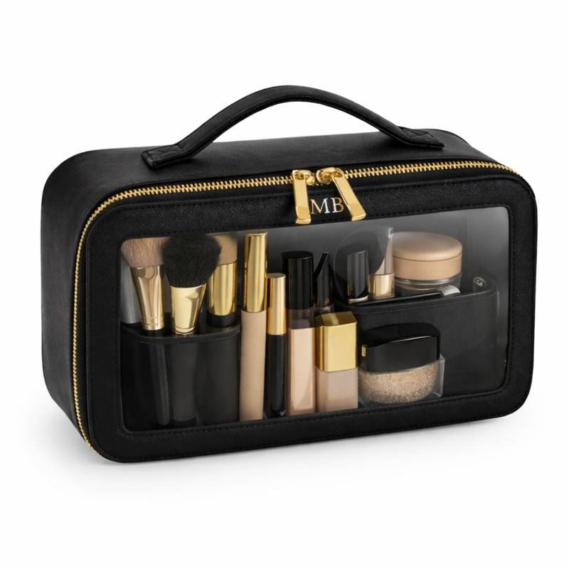 Saffiano Leather Clear Panel Makeup Zip Around Bag