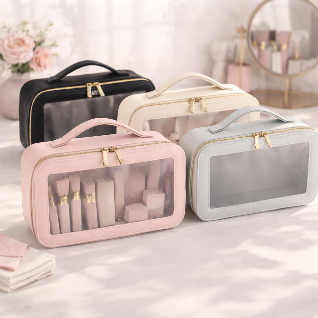 Saffiano Leather Clear Panel Makeup Zip Around Bag