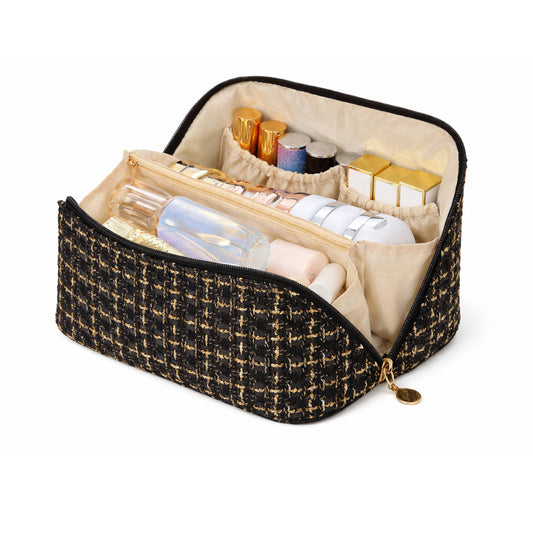Black tweed flat lay makeup bag